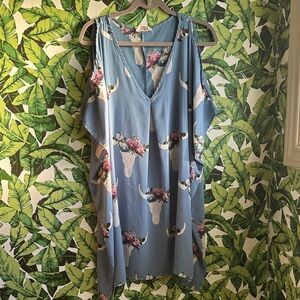 Blue Floral Steer Skull Cold-Shoulder Dress